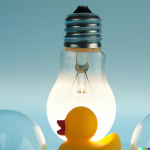 Photo of a rubber duck with a lightbulb
